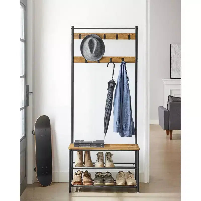 Hall Tree Entryway Coat Rack with Shoe Bench – Rustic Walnut & Black