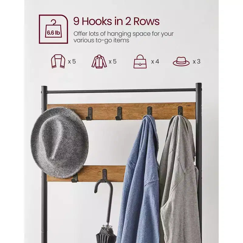Hall Tree Entryway Coat Rack with Shoe Bench – Rustic Walnut & Black