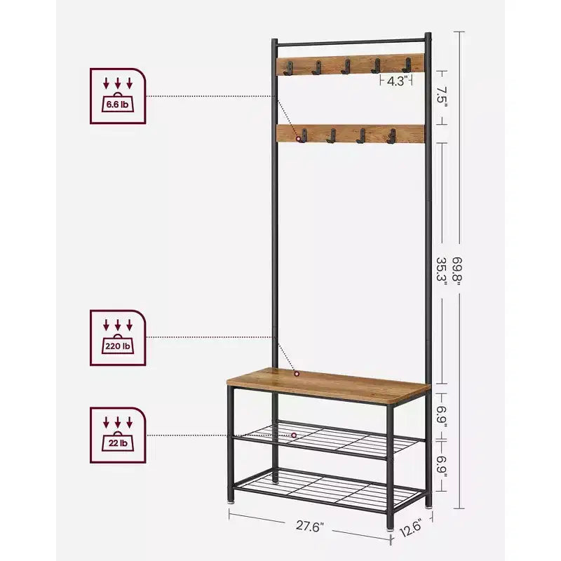 Hall Tree Entryway Coat Rack with Shoe Bench – Rustic Walnut & Black