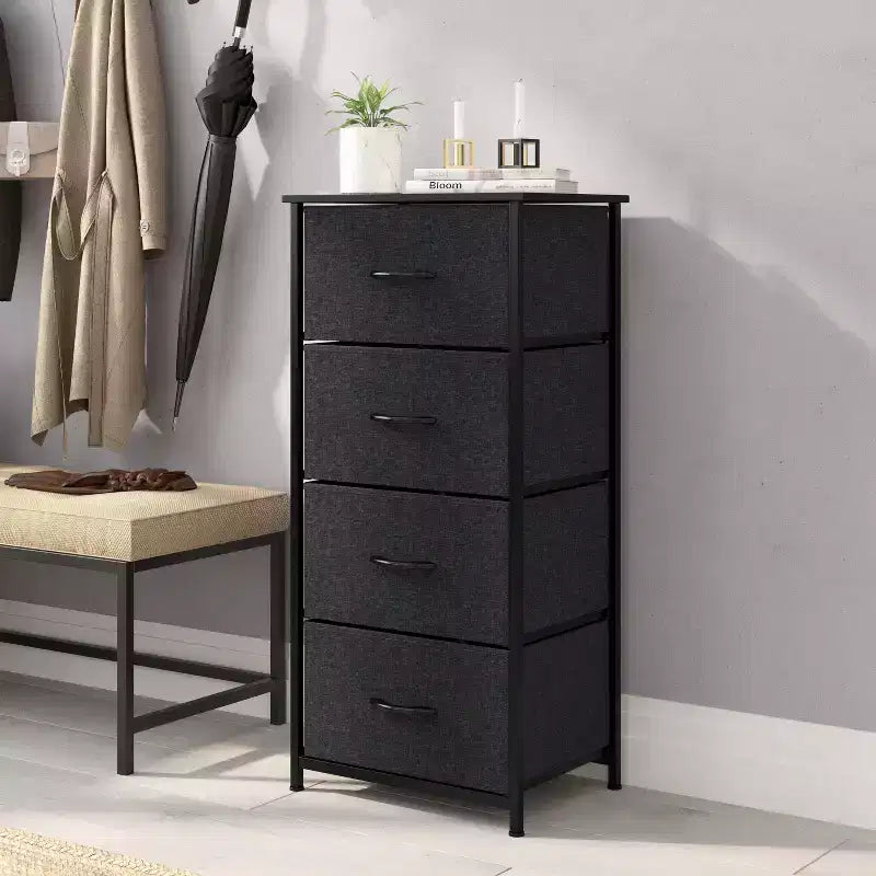 4 Drawer Storage Dresser with Cast Iron Frame, Wood Top and Easy Pull Fabric Drawers with Wooden Handles