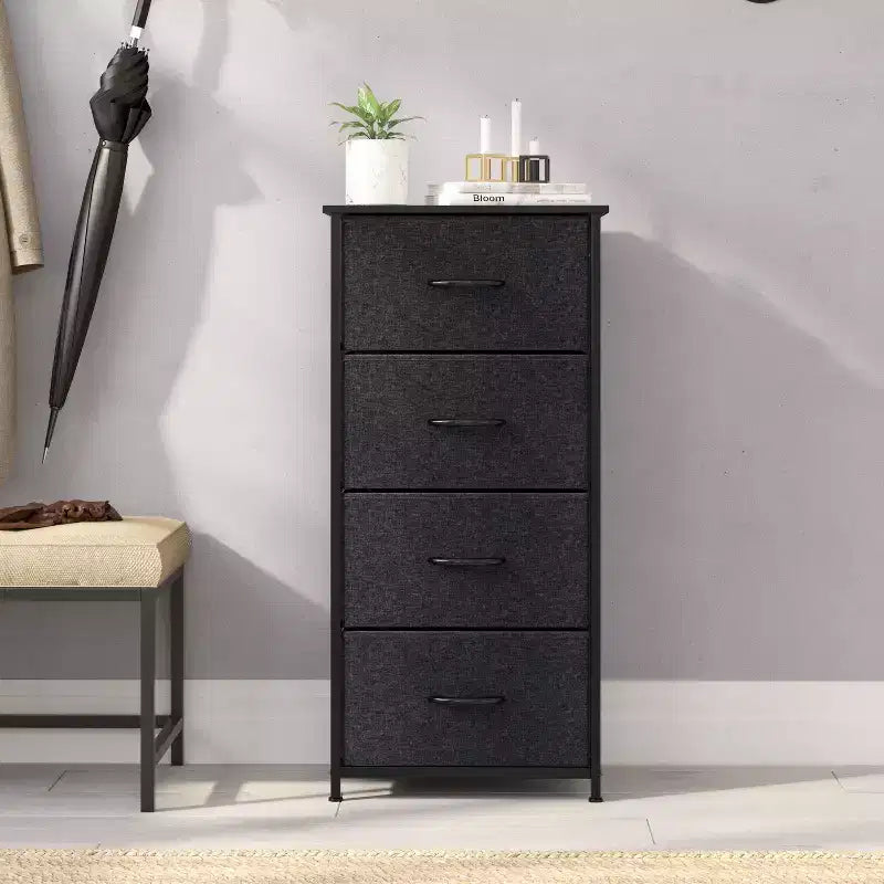 4 Drawer Storage Dresser with Cast Iron Frame, Wood Top and Easy Pull Fabric Drawers with Wooden Handles
