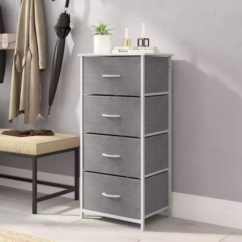 4 Drawer Storage Dresser with Cast Iron Frame, Wood Top and Easy Pull Fabric Drawers with Wooden Handles