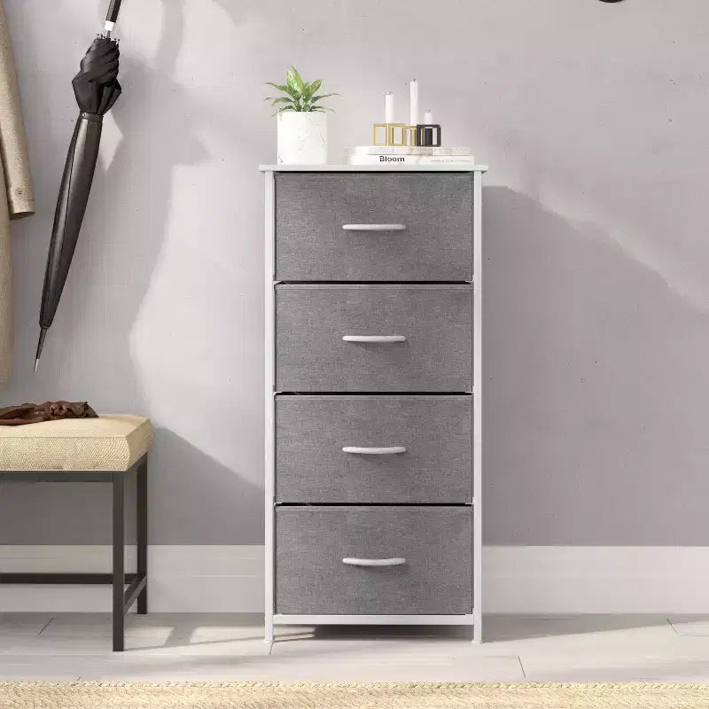 4 Drawer Storage Dresser with Cast Iron Frame, Wood Top and Easy Pull Fabric Drawers with Wooden Handles