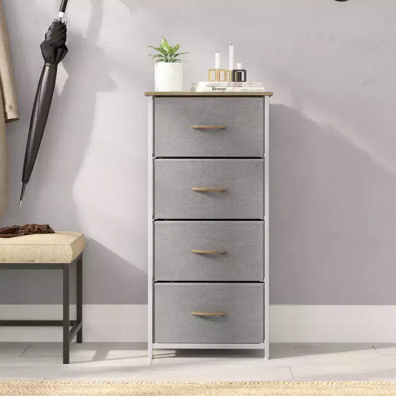 4 Drawer Storage Dresser with Cast Iron Frame, Wood Top and Easy Pull Fabric Drawers with Wooden Handles