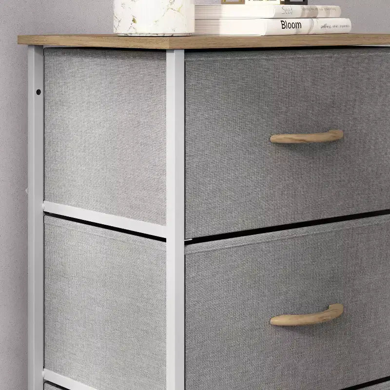 4 Drawer Storage Dresser with Cast Iron Frame, Wood Top and Easy Pull Fabric Drawers with Wooden Handles