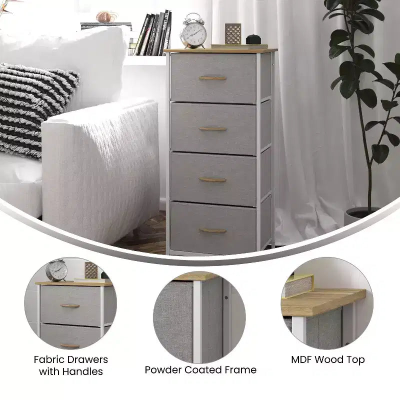 4 Drawer Storage Dresser with Cast Iron Frame, Wood Top and Easy Pull Fabric Drawers with Wooden Handles