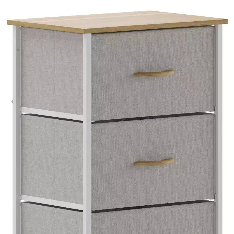 4 Drawer Storage Dresser with Cast Iron Frame, Wood Top and Easy Pull Fabric Drawers with Wooden Handles