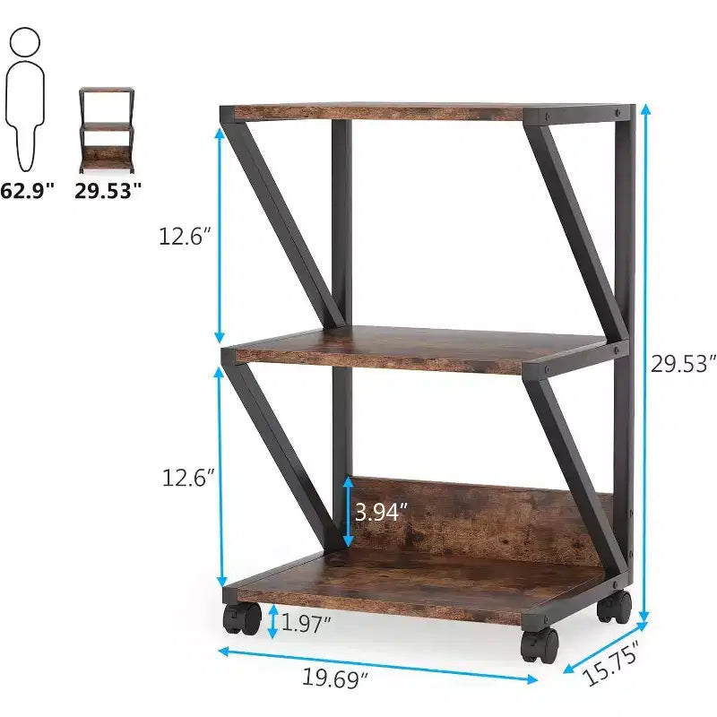 3-Tier Rolling Cart on Wheels – Industrial Storage Shelf, Particle Board