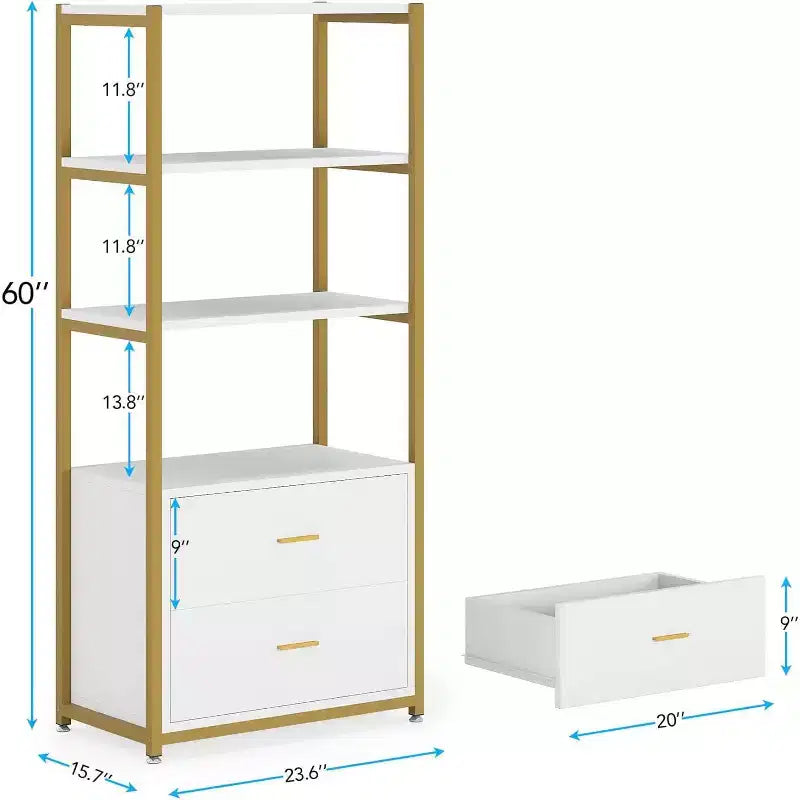 4-Tier Bookshelf with 2 Drawers – Metal Frame, Particle Board, 60"H