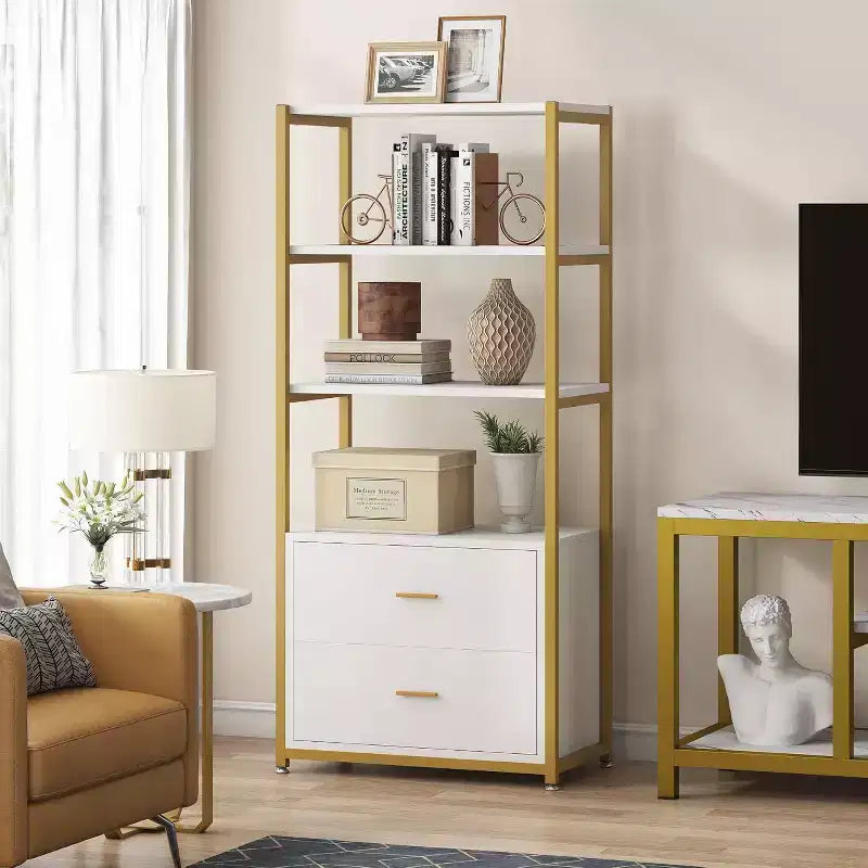 4-Tier Bookshelf with 2 Drawers – Metal Frame, Particle Board, 60"H