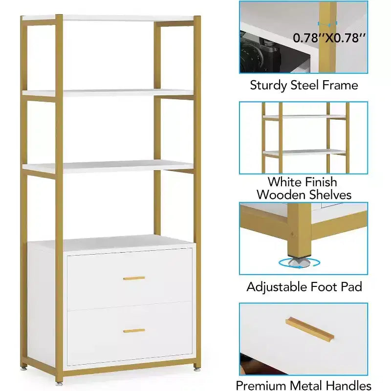 4-Tier Bookshelf with 2 Drawers – Metal Frame, Particle Board, 60"H