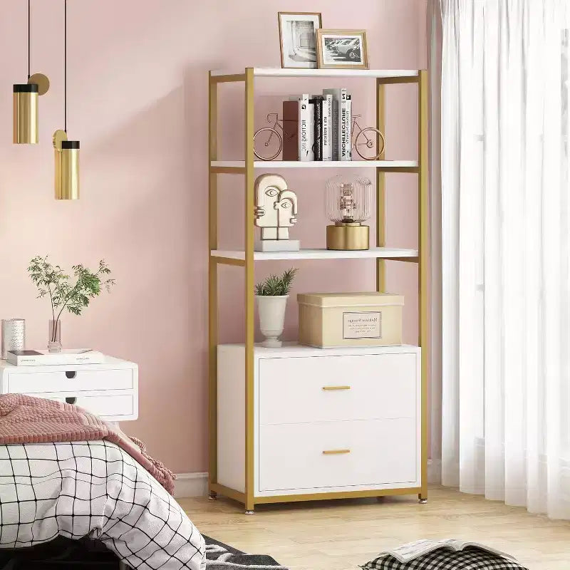 4-Tier Bookshelf with 2 Drawers – Metal Frame, Particle Board, 60"H