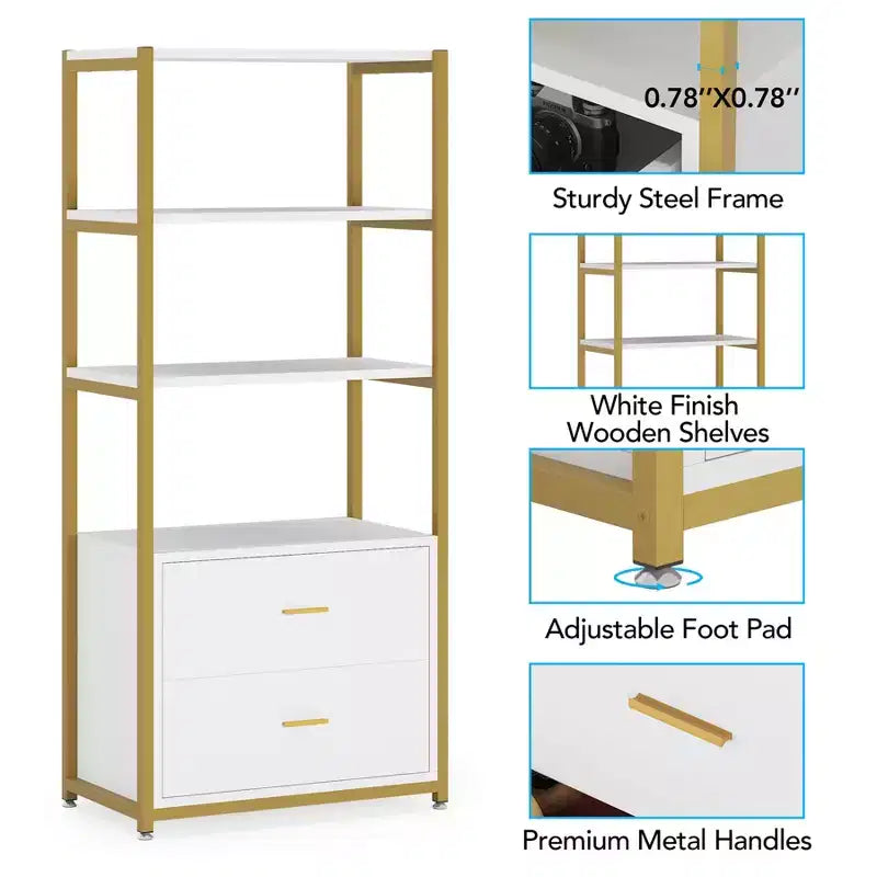 4-Tier Bookshelf with 2 Drawers – Metal Frame, Particle Board, 60"H