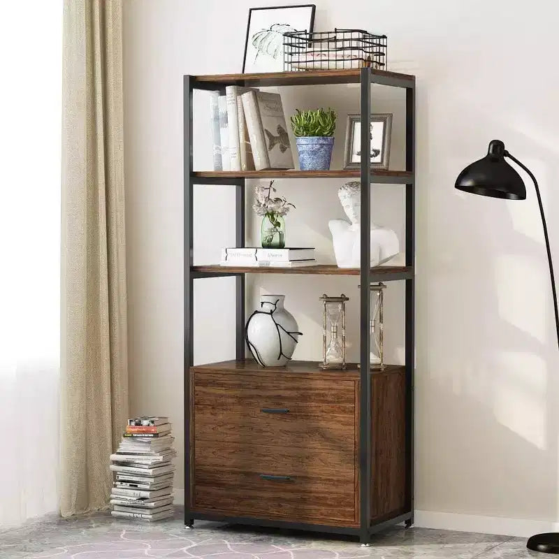 4-Tier Bookshelf with 2 Drawers – Metal Frame, Particle Board, 60"H
