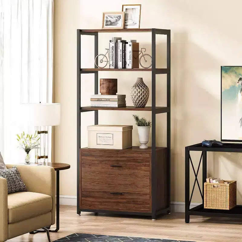 4-Tier Bookshelf with 2 Drawers – Metal Frame, Particle Board, 60"H