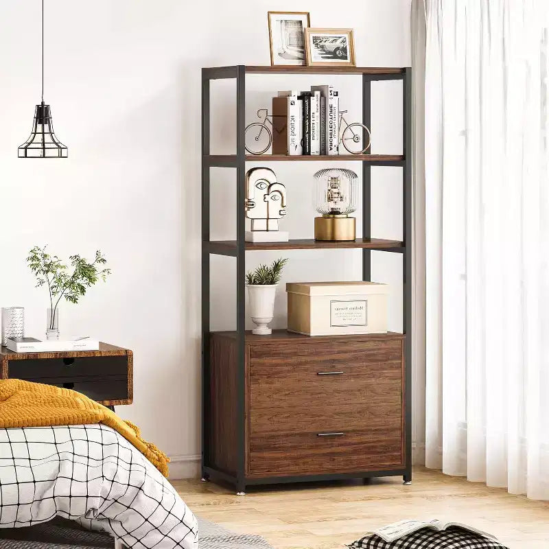 4-Tier Bookshelf with 2 Drawers – Metal Frame, Particle Board, 60"H