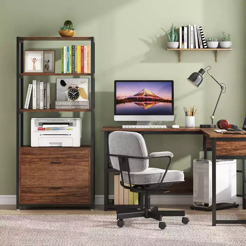 4-Tier Bookshelf with 2 Drawers – Metal Frame, Particle Board, 60"H