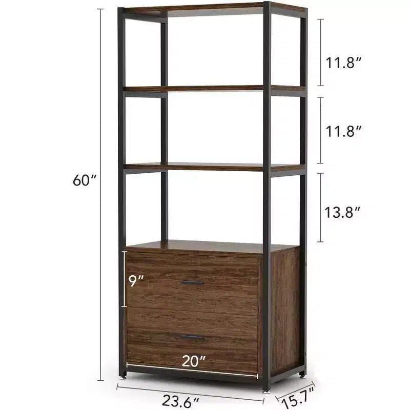 4-Tier Bookshelf with 2 Drawers – Metal Frame, Particle Board, 60"H