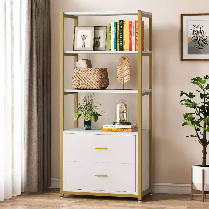 4-Tier Bookshelf with 2 Drawers – Metal Frame, Particle Board, 60"H