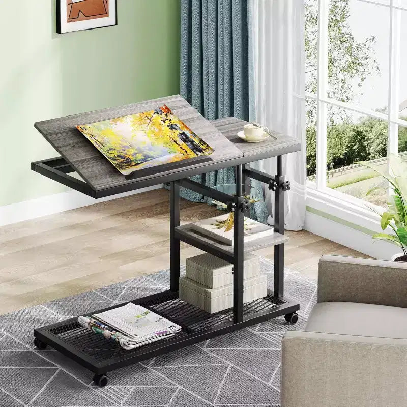 Height Adjustable End Table, C-Type Side Table with Wheels