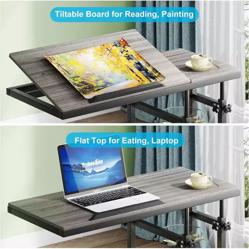 Height Adjustable End Table, C-Type Side Table with Wheels