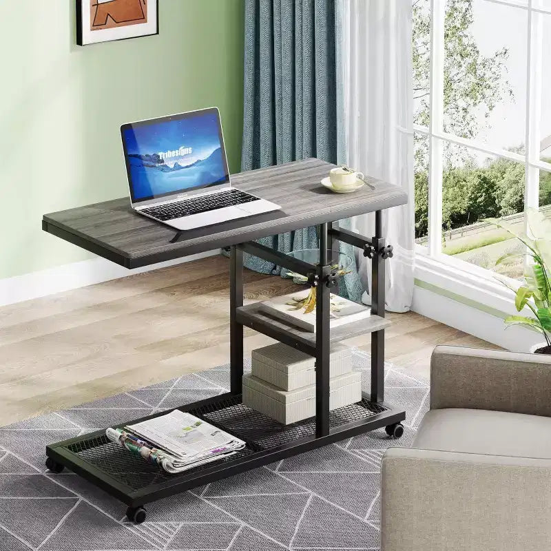 Height Adjustable End Table, C-Type Side Table with Wheels