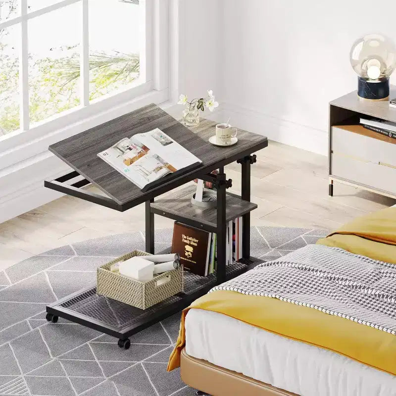 Height Adjustable End Table, C-Type Side Table with Wheels