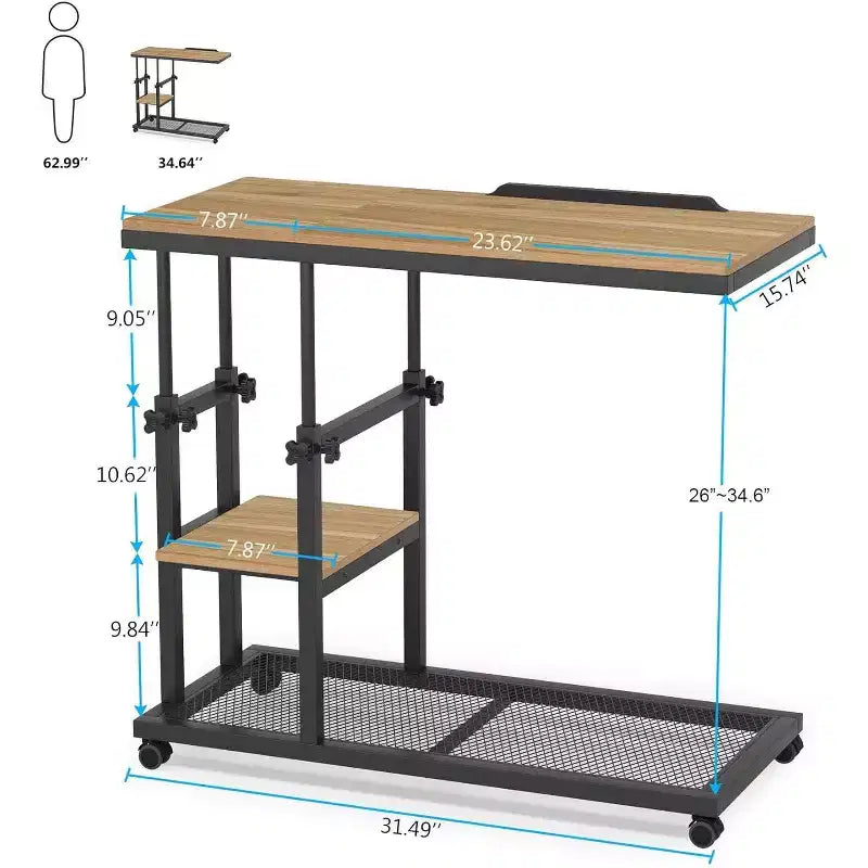 Height Adjustable End Table, C-Type Side Table with Wheels