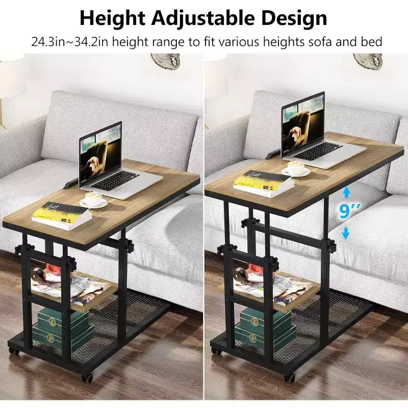 Height Adjustable End Table, C-Type Side Table with Wheels