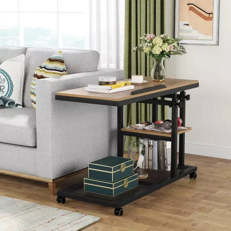 Height Adjustable End Table, C-Type Side Table with Wheels