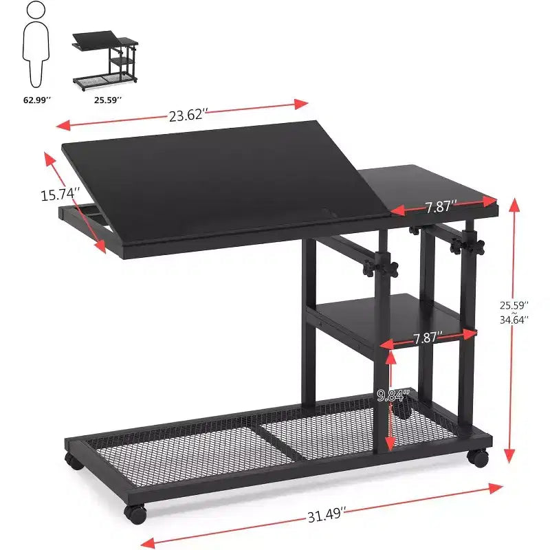 Height Adjustable End Table, C-Type Side Table with Wheels