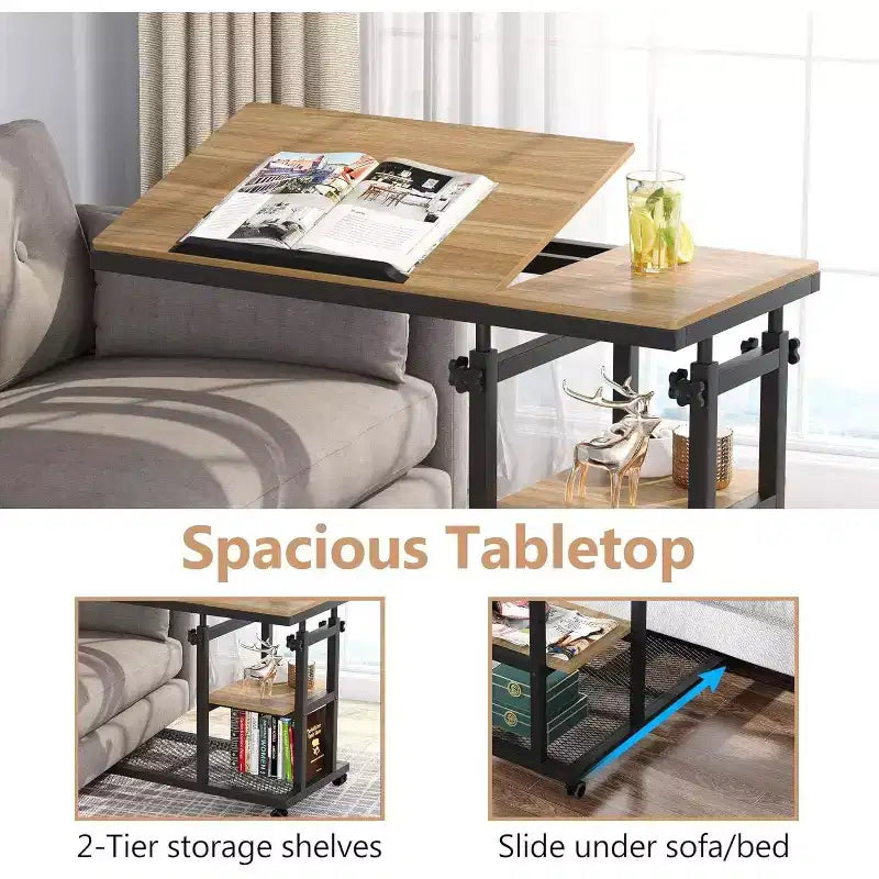 Height Adjustable End Table, C-Type Side Table with Wheels