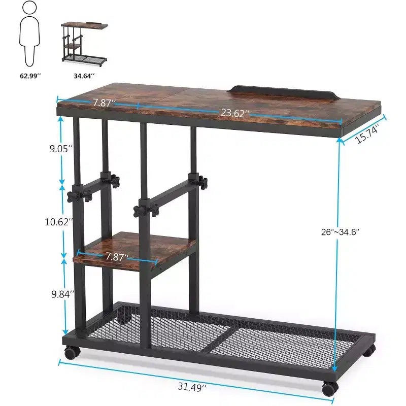 Height Adjustable End Table, C-Type Side Table with Wheels