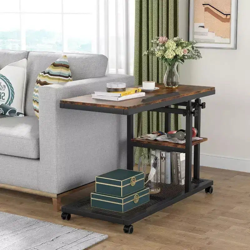 Height Adjustable End Table, C-Type Side Table with Wheels