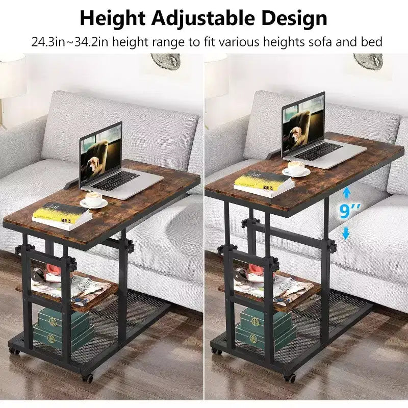 Height Adjustable End Table, C-Type Side Table with Wheels