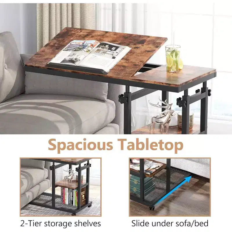 Height Adjustable End Table, C-Type Side Table with Wheels
