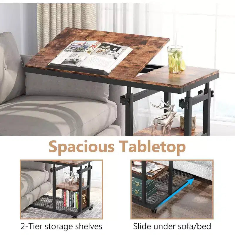 Height Adjustable End Table, C-Type Side Table with Wheels