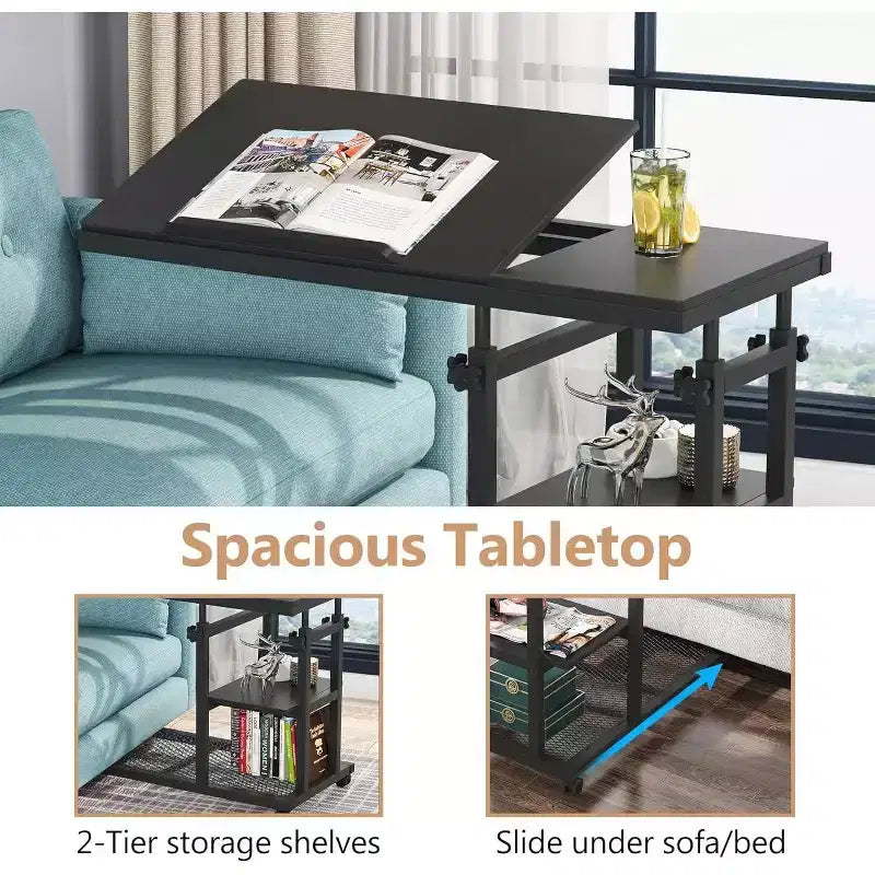 Height Adjustable End Table, C-Type Side Table with Wheels