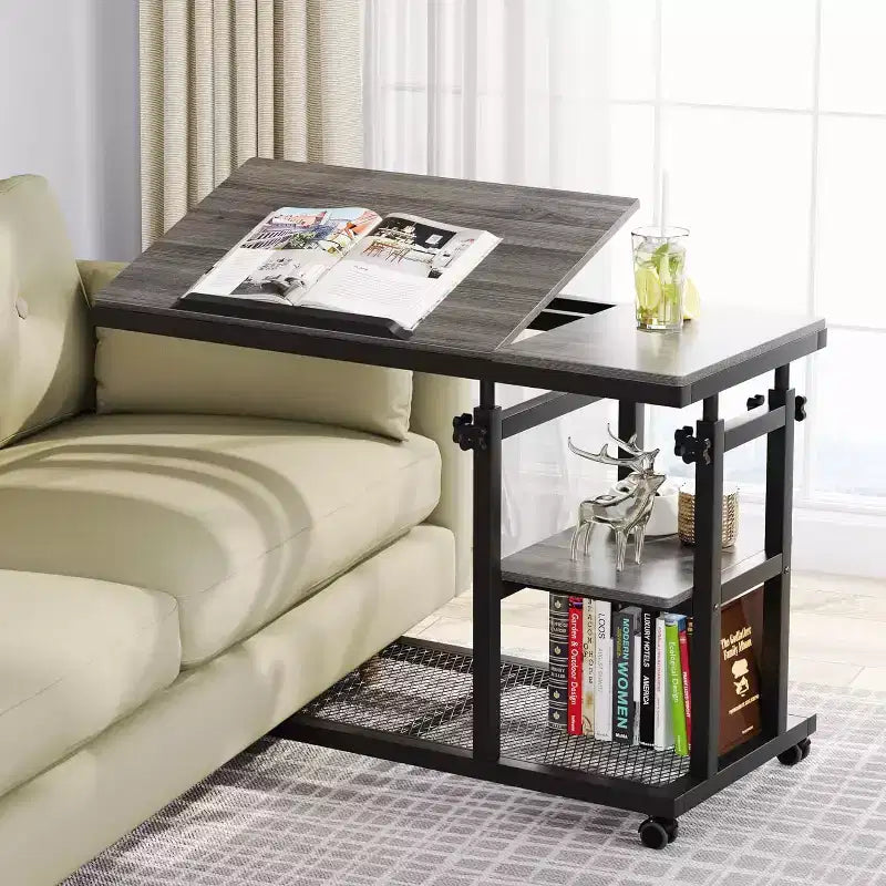 Height Adjustable End Table, C-Type Side Table with Wheels