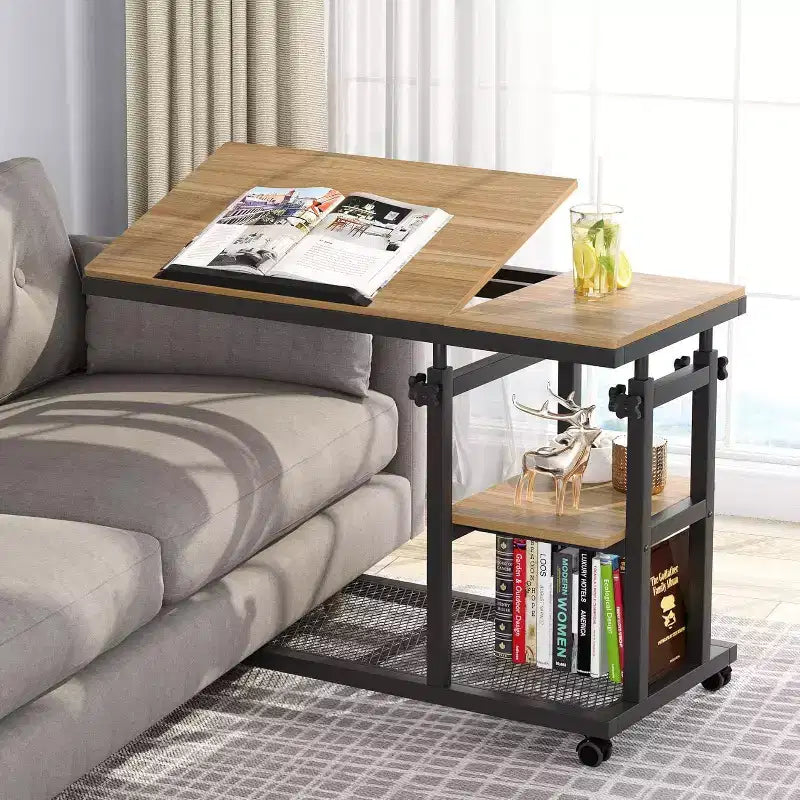 Height Adjustable End Table, C-Type Side Table with Wheels