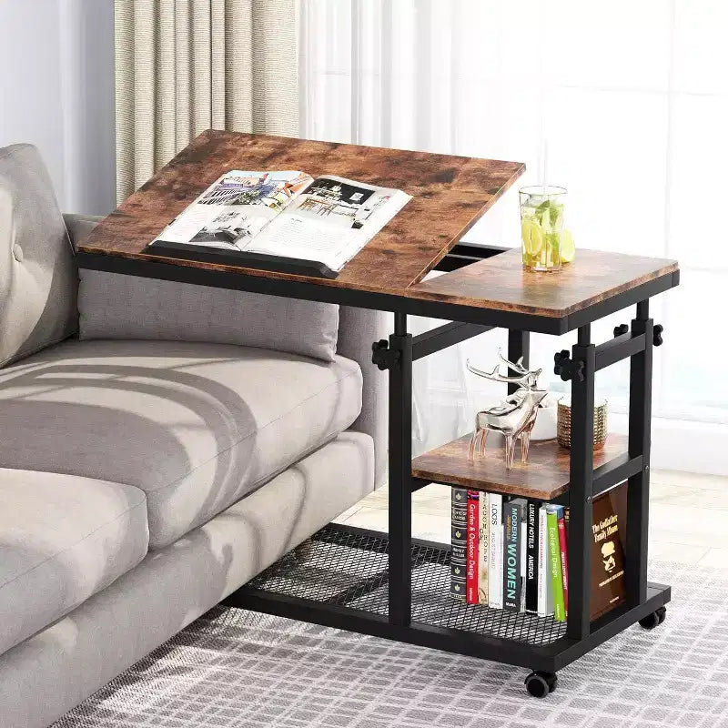 Height Adjustable End Table, C-Type Side Table with Wheels