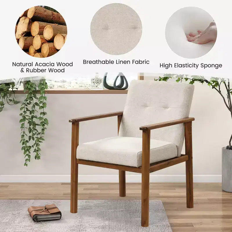 Modern Accent Chair Upholstered Linen Fabric Armchair with Solid Wood Legs