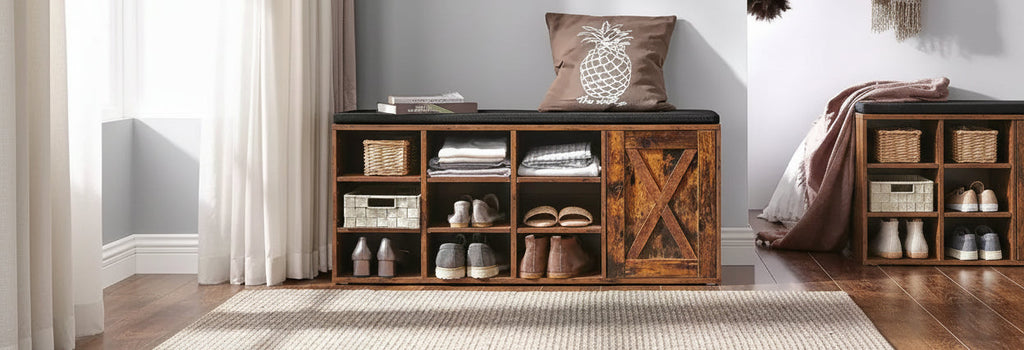 Wooden storage bench with shelves in a room setting, featuring a pillow and books.