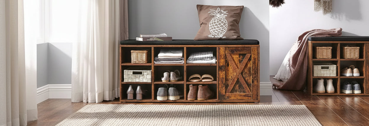 Wooden storage bench with shelves in a room setting, featuring a pillow and books.