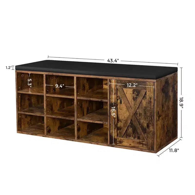 Storage Bench with Cupboard and 9 Open Compartments 11.8 x 43.3 x 18.9 Inches Rustic Brown