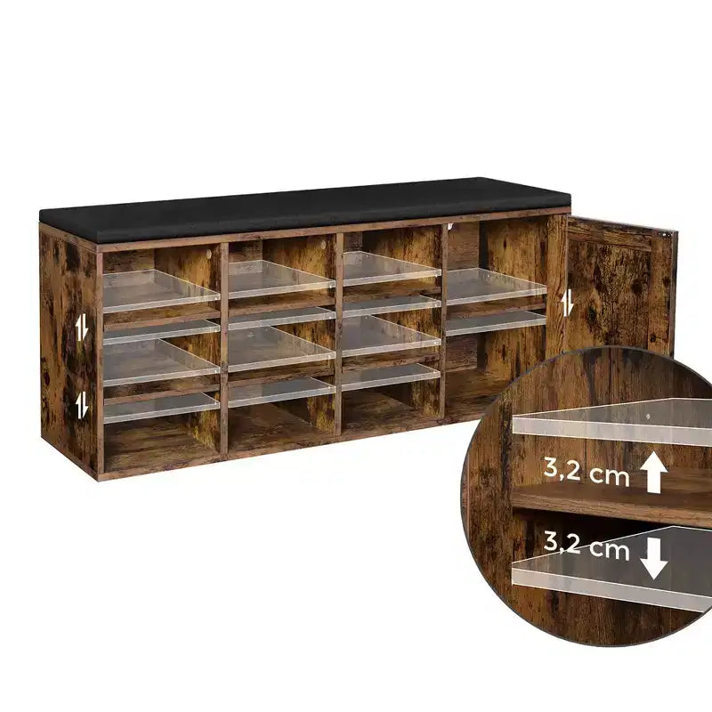 Storage Bench with Cupboard and 9 Open Compartments 11.8 x 43.3 x 18.9 Inches Rustic Brown