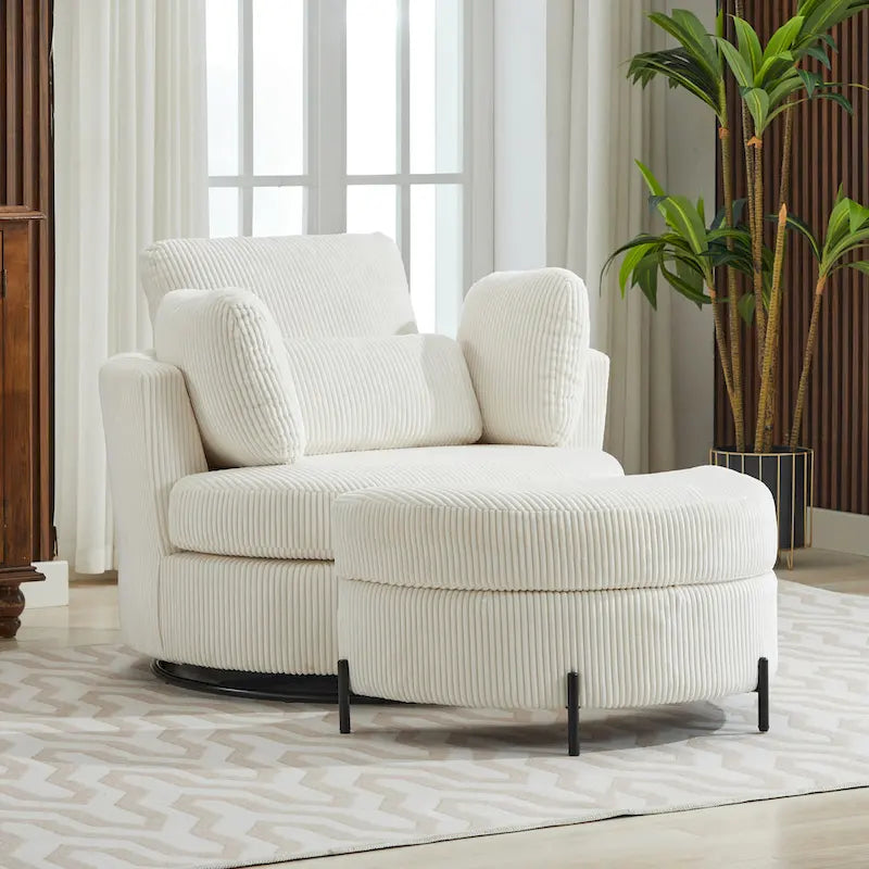Fauteuil d’appoint pivotant rembourré de 42,3W avec 4 coussins et pouf de rangement demi-lune