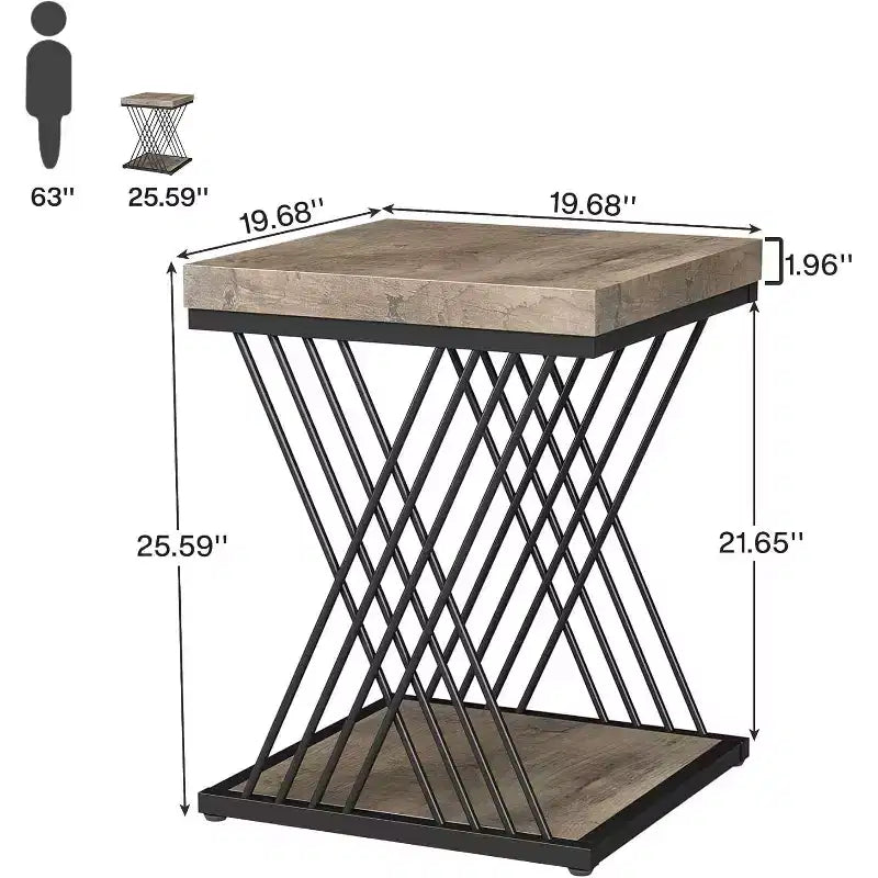 2-Tier Square End Table / Side Table – Marble Veneer, Cross-Bar Design