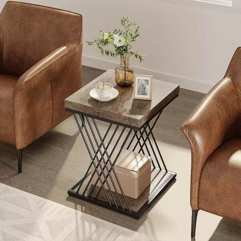 2-Tier Square End Table / Side Table – Marble Veneer, Cross-Bar Design