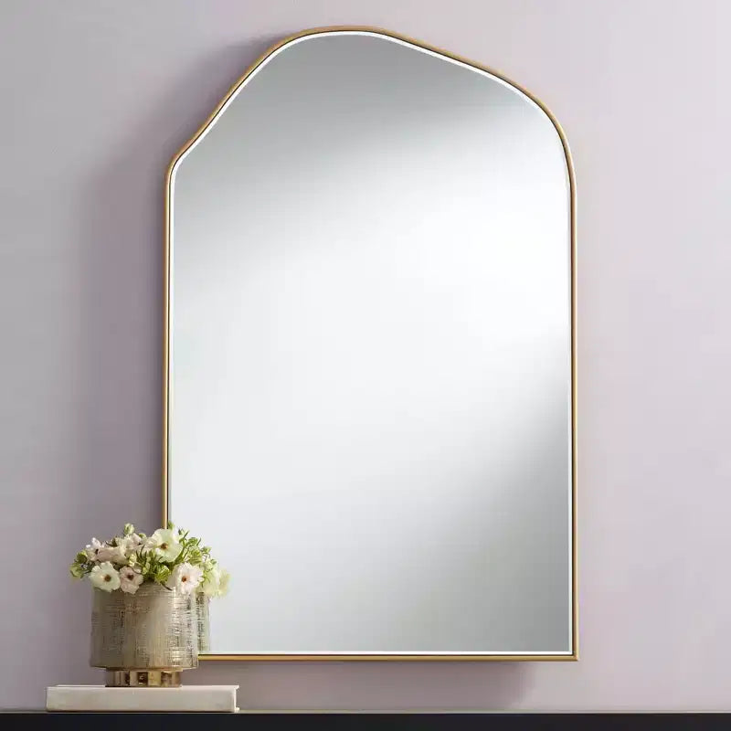 Arch Top Vanity Wall Mirror – Beveled Glass, Gold Wood Frame, 26" Wide
